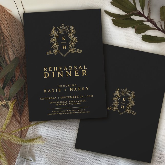 Crown monogram gold black wedding Probe Einladung (Von Creator hochgeladen)