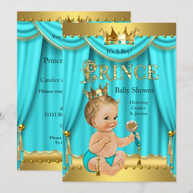 Crown Prince Baby Dusche Gold Aqua Aquamarin Blond Einladung (Vorne/Hinten)