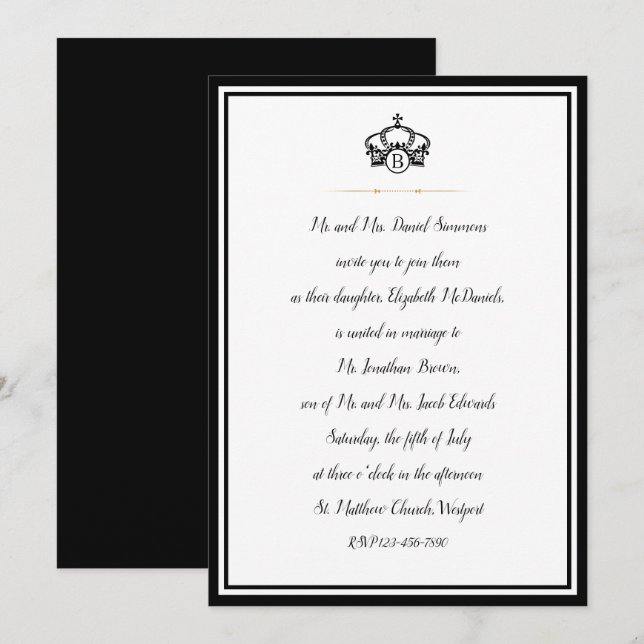 Crown Royal Schwarz-weiß and Gold Wedding Einladung (Vorne/Hinten)