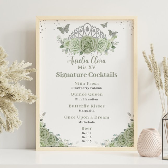 Crown Sage Green Floral Quinceanera Bar Drink Menü Poster (Von Creator hochgeladen)