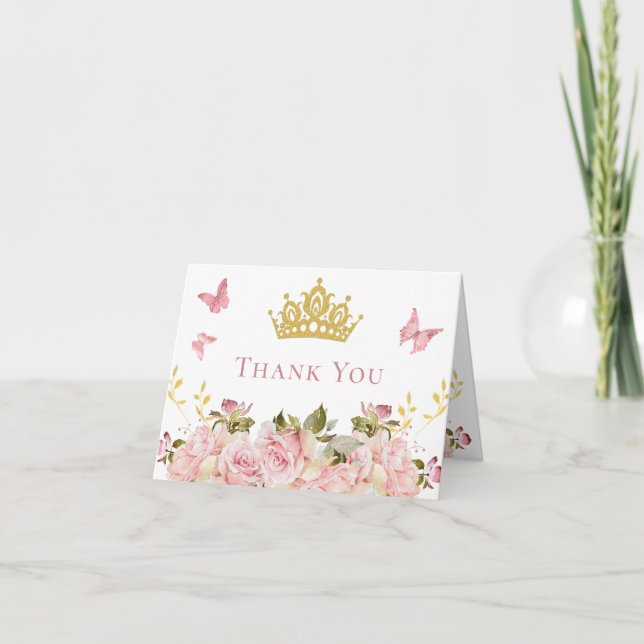 Crown | Schmetterlinge BlumenPrinzessin Geburtstag Dankeskarte (Vorderseite)