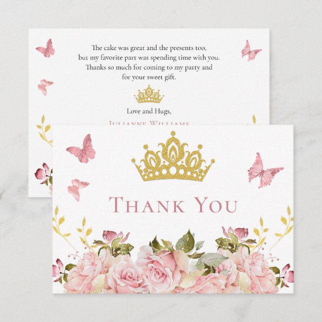 Crown | Schmetterlinge BlumenPrinzessin Geburtstag Dankeskarte (Vorne/Hinten)