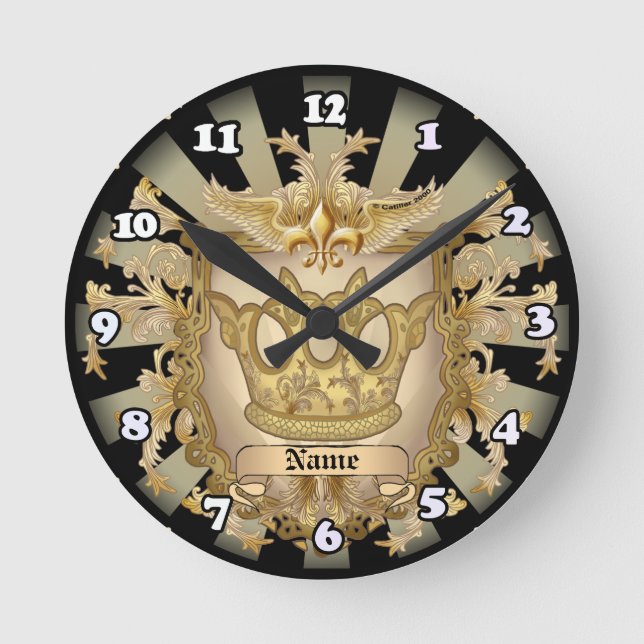 Crown Shield-Familienwappen-Nachname Runde Wanduhr (Vorderseite)