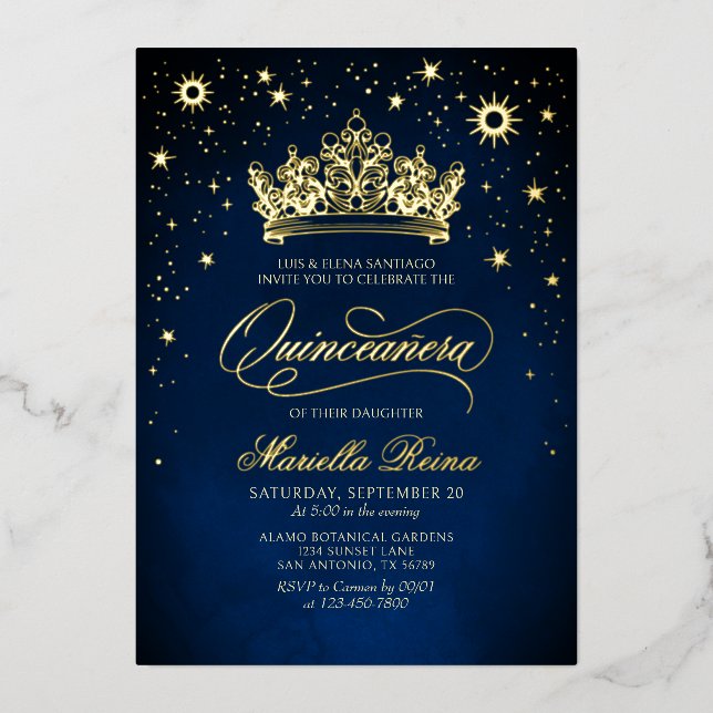 Crown Tiara Navy Gold Quinceañera Einladung (Vorderseite)
