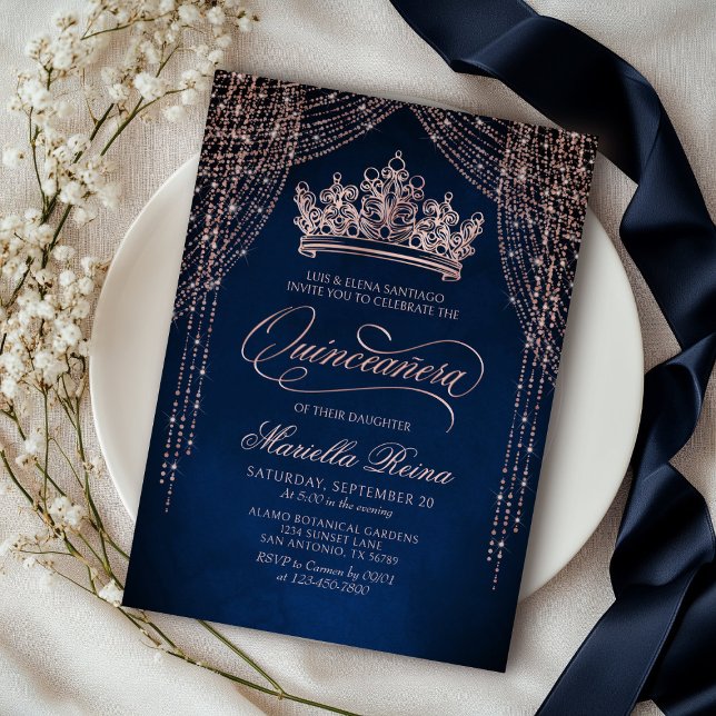 Crown Tiara Navy Rose Gold Quinceañera Einladung (Von Creator hochgeladen)