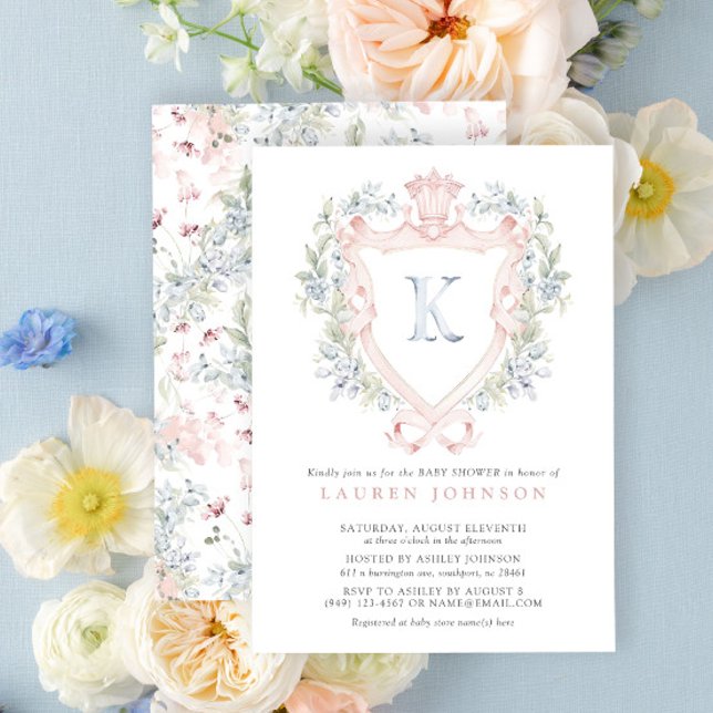 Crown Wappen Monogram Pink Blue Baby Dusche Einladung (Baby Shower Invitation!)