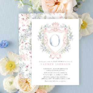 Crown Wappen Monogram Pink Blue Baby Dusche Einladung