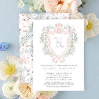 Crown Wappen Monogram Pink Blue Baby Dusche Einladung