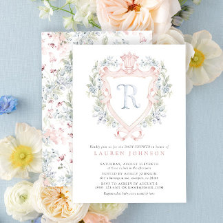 Crown Wappen Monogram Pink Blue Baby Dusche Einladung