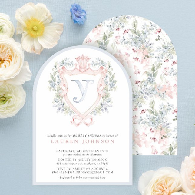 Crown Wappen Monogram Pink Blue Baby Dusche Einladung (Von Creator hochgeladen)