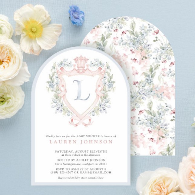 Crown Wappen Monogram Pink Blue Baby Dusche Einladung (Von Creator hochgeladen)