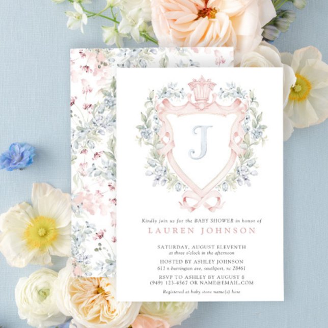 Crown Wappen Monogram Pink Blue Baby Dusche Einladung (Easily personalize this crest baby shower invitation for a grand, beautiful baby shower!)
