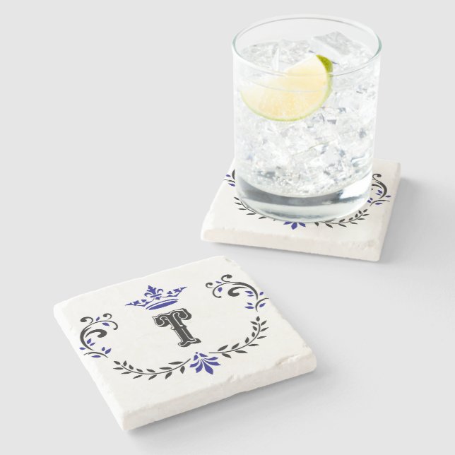 Crown Wreath Monogram 'T' Steinuntersetzer (Seitenansicht)