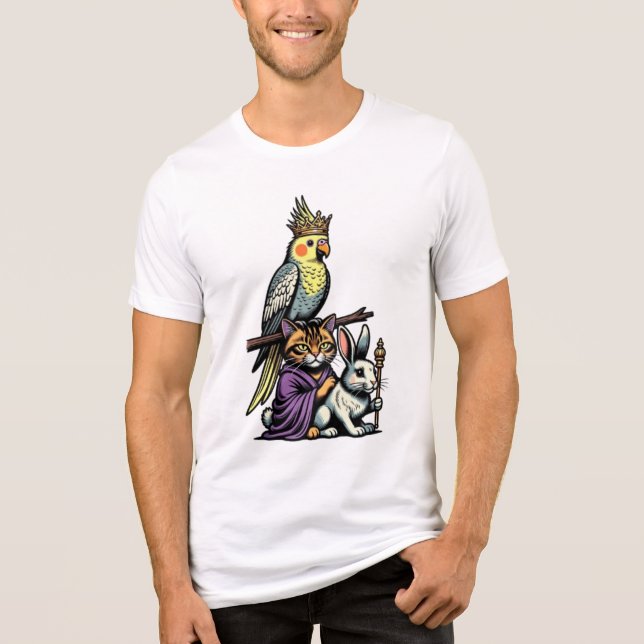 Crowned Cockatiel, Tabby Cat & Angora Rabbit, Funn Tri-Blend Shirt (Vorderseite)