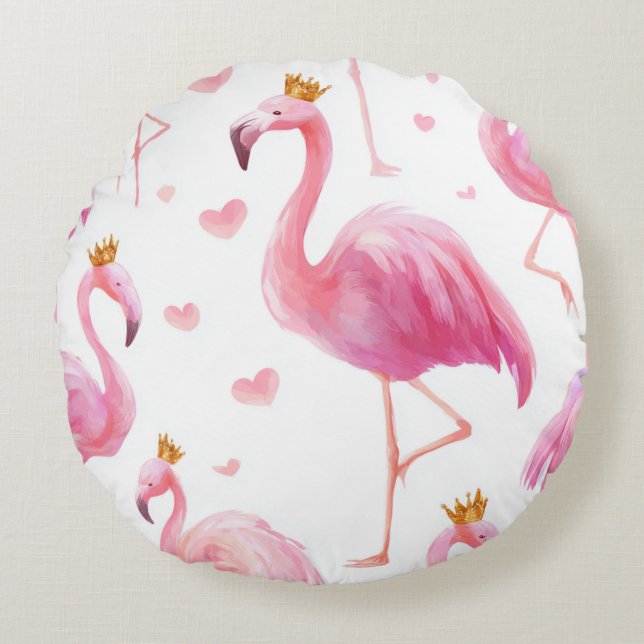 Crowned Flamingo – Luxe Island Vibes Rundes Kissen (Vorderseite)