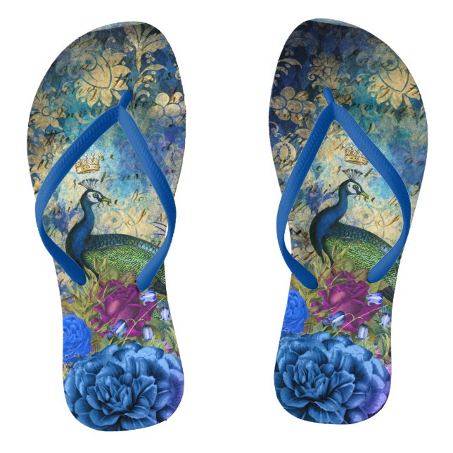 Crowned Peacock Blue und Lila floral Flip Flops (Fußbett)