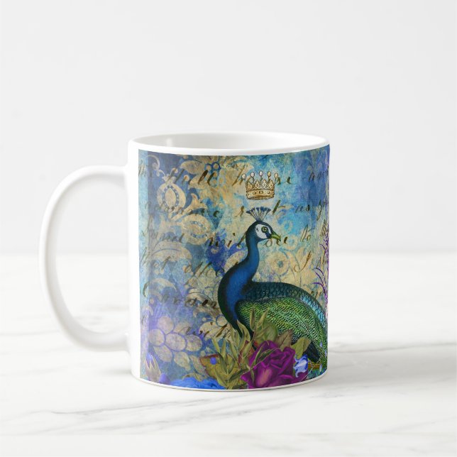 Crowned Peacock Blue und Lila Floral Kaffeetasse (Links)
