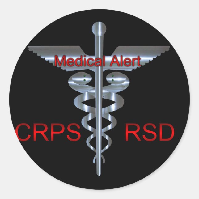 CRPS RSD Medical Alert Silver Asclepius Caduceus Runder Aufkleber (Vorderseite)