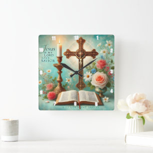 Crucifix Candlelight Bibel Bläserner Jesus Quadratische Wanduhr