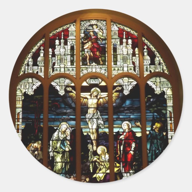 Crucifixierung von Jesus festgehaltenes Glasfenste Runder Aufkleber (Vorderseite)