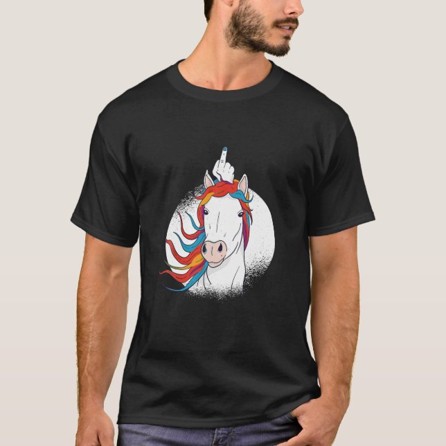 Crude Spaß Funny Unicorn Middle Finger Sarcasm Ad T-Shirt (Vorderseite)