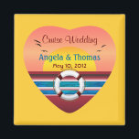 Cruise Wedding Personalisiert Favor Magnet<br><div class="desc">Ein romantischer personalisierter Kreuzfahrtersonnenuntergang mit Blick auf die Gastgeschenk Hochzeit. Ein wunderschöner quadratischer Magnet für eine Kreuzfahrt themed Hochzeit. Dieser Magnet zeichnet sich durch einen romantischen und lebendigen Sonnenuntergang aus, der die digitale Kunst in einem Herzen von XG Designs NYC zeigt. Eine einzigartige Gastgeschenk Hochzeit für Kreuzfahrten von Ihrem besonderen...</div>