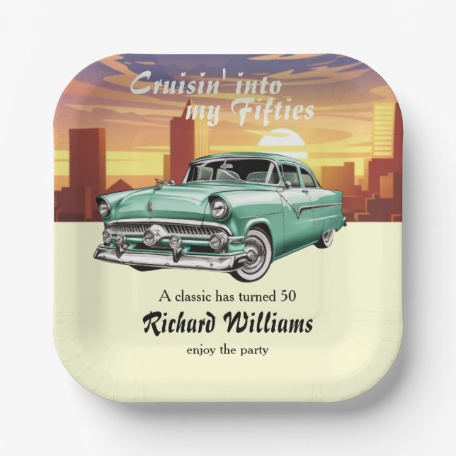 Cruising Classic Retro Car City 50th Birthday Pappteller (Vorderseite)