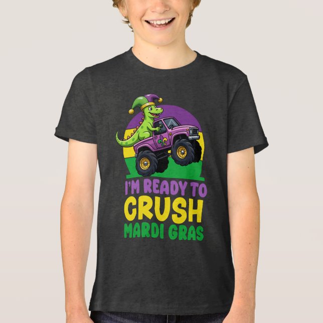 Crush Mardi Gras Monster Truck Dinosaur rex Todd Tri-Blend Shirt (Vorderseite)