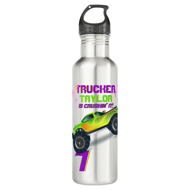 Crushing it MONSTER TRUCK PINK Birthday Age NAME Edelstahlflasche (Vorderseite)