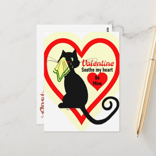Cry Black Cat Alt modische Valentine Vintag Postkarte (Vorderseite/Rückseite Beispiel)