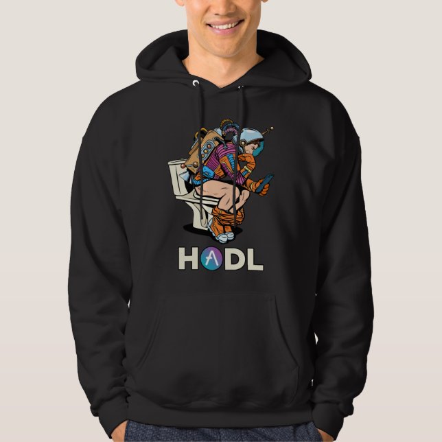 Cryptocurrency Aave HODL Space Man On Toilet Merch Hoodie (Vorderseite)
