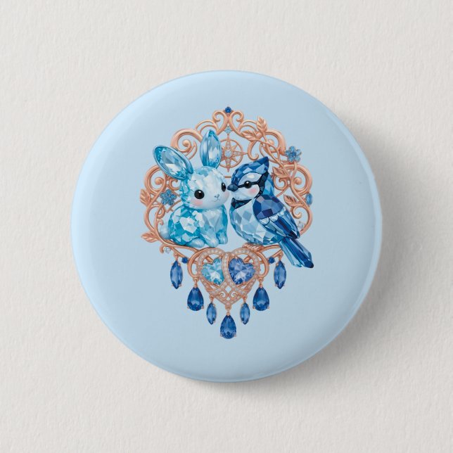 Crystal Blue Bunny and Blue Jay Heart Button (Vorderseite)