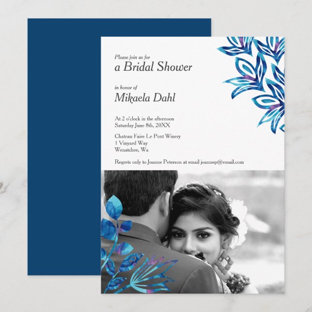 Crystal Blue Floral Foto Bridal Dusche Einladung (Vorne/Hinten)