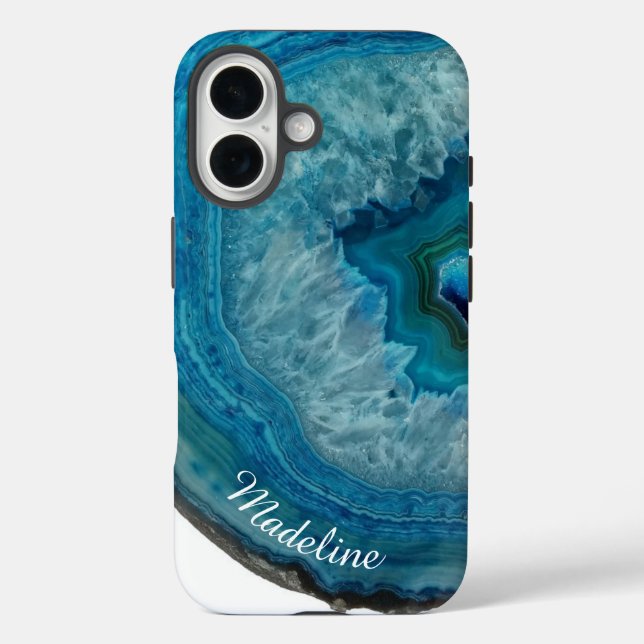 Crystal Blue Geode Slice | Personalisiert iPhone 16 Hülle (Rückseite)