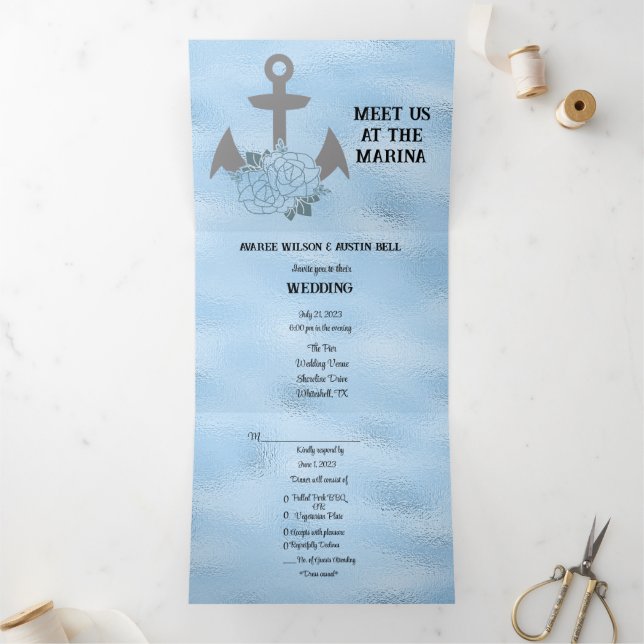 Crystal Blue Marina Style Wedding Dreifach Gefaltete Einladung (Innenseite)