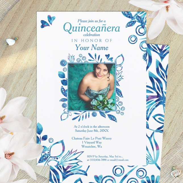 Crystal Blue Pattern Quinceanera Einladung (royal blue floral quinceanera invitation with ornate photo border)