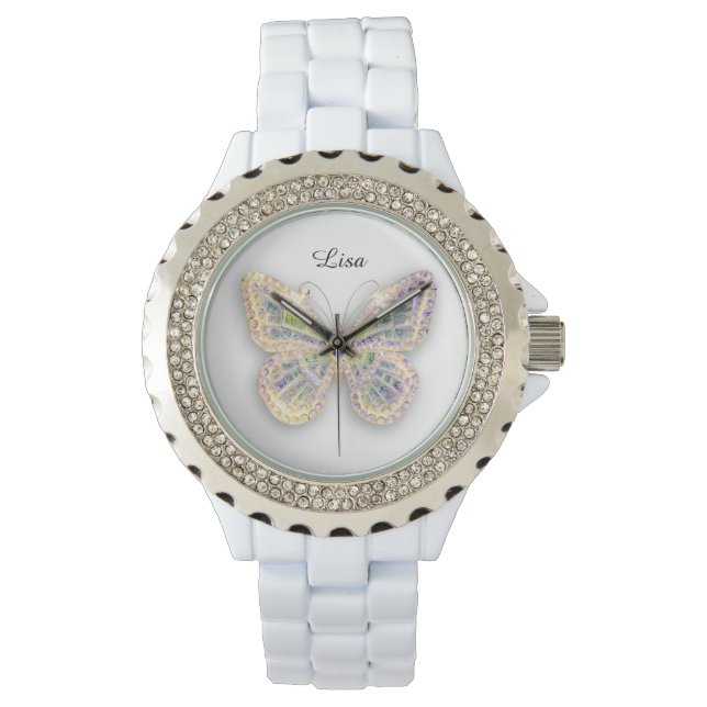 Crystal Butterfly - Sporty White Silicon Watch Armbanduhr (Vorderseite)