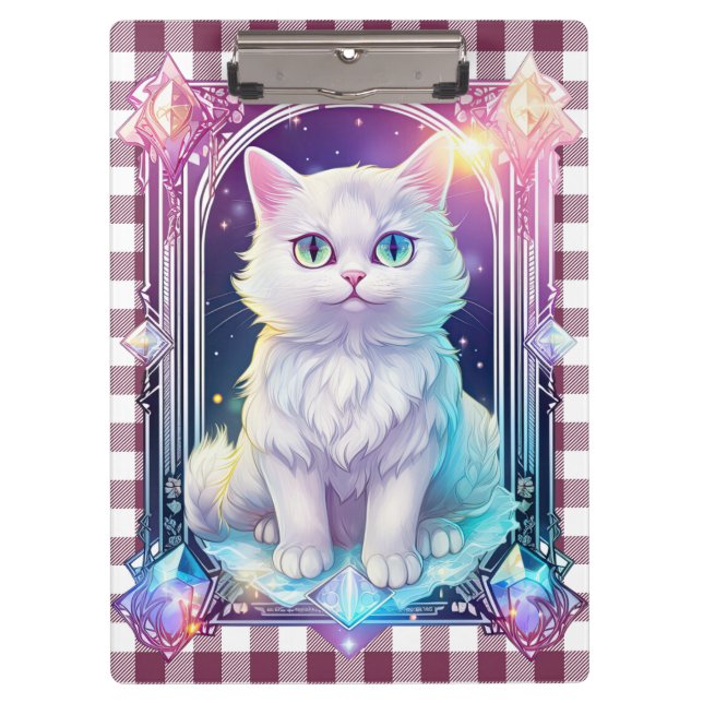 Crystal Cat Lila Black Kariert Niedlich White Kitt Klemmbrett (Vorderseite)