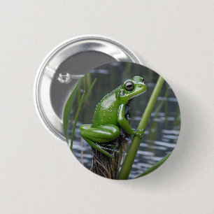 "Crystal Clarity: Green Glass Frog on River Reeds" Button