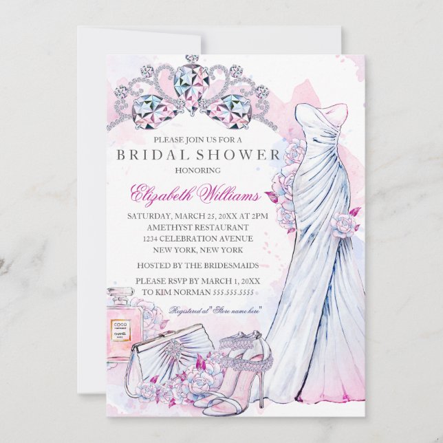 Crystal Floral Wedding Gown Brautparty laden ein Einladung (Vorderseite)