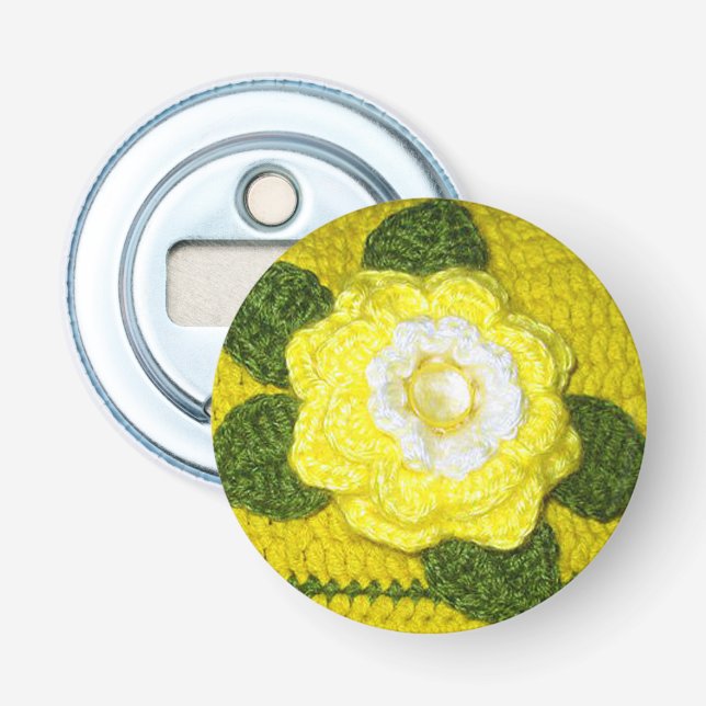 Crystal Gem Yellow Rose Green Blätter Crochet Prin Flaschenöffner (Vorderseite)