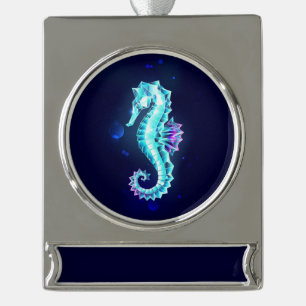 Crystal Ice Seepferd auf blauem Hintergrund Banner-Ornament Silber