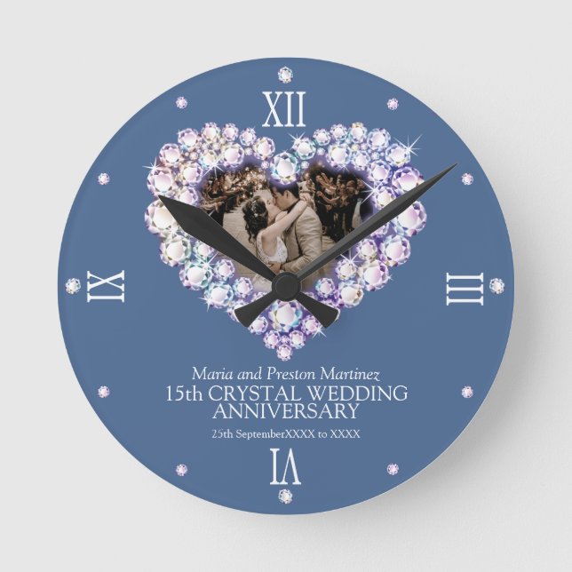 Crystal photo heart 15th wedding anniversary  runde wanduhr (Vorderseite)