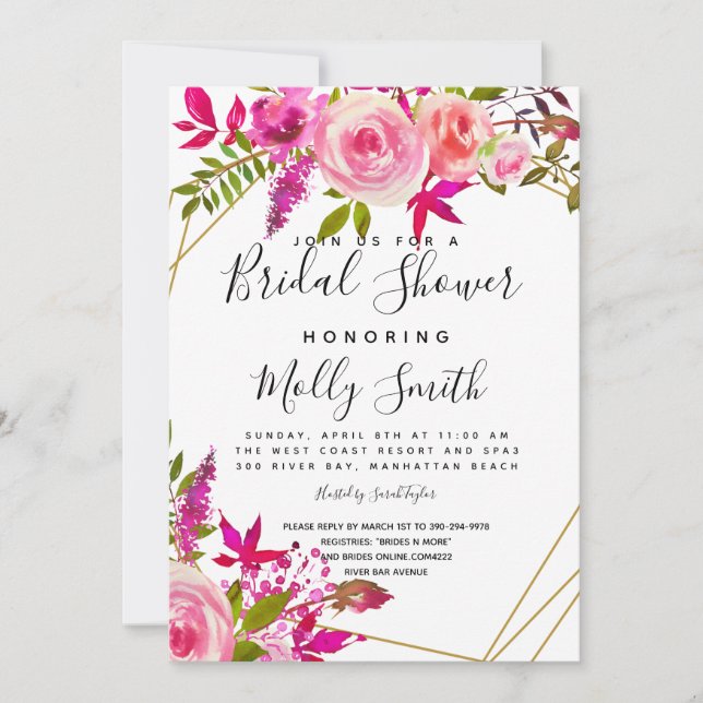 Crystal Pink Peach Rose Aquarell Brautparty Einladung (Vorderseite)
