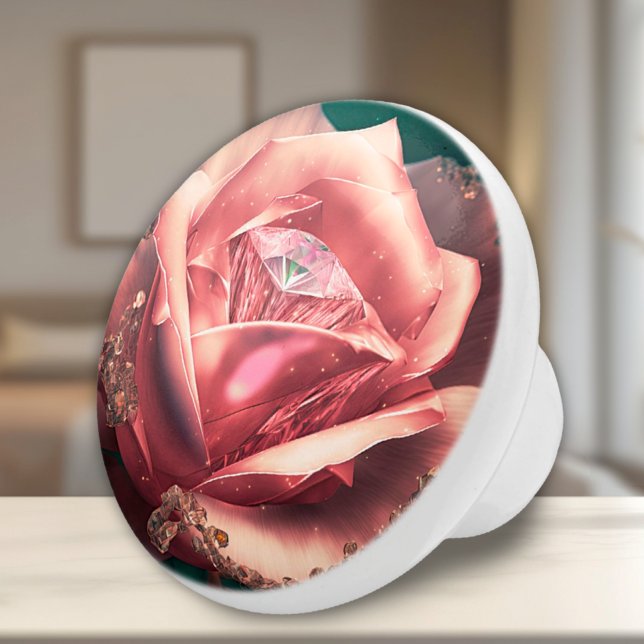 Crystal Pink Rose Keramik Knock Keramikknauf (Diamond Pink Rose Fantasy Ceramic Knob for Bedroom, Bath or Living Room Accents)