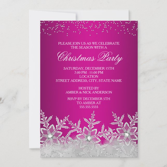 Crystal Snowflake Hot Pink Weihnachts-Party laden  Einladung (Vorderseite)