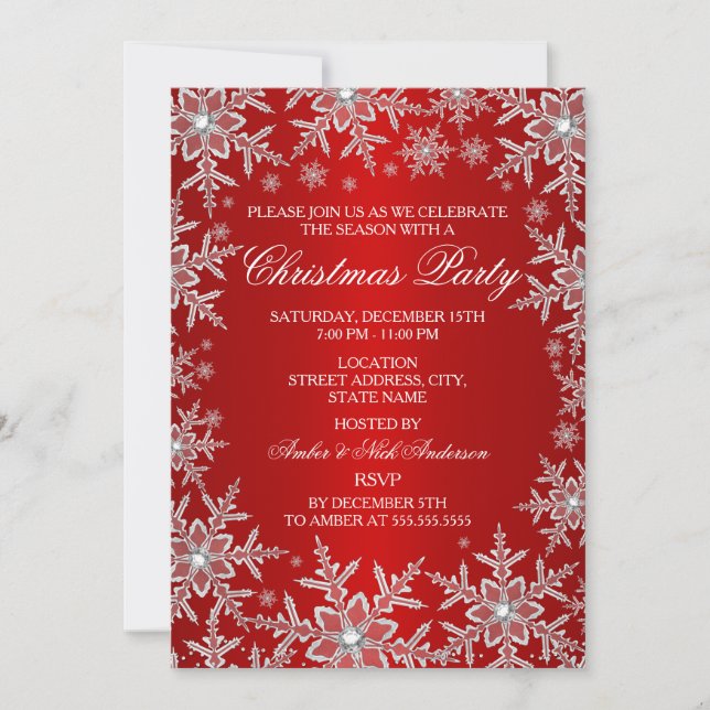 Crystal Snowflake Red Christmas Party Invitation (Devant)