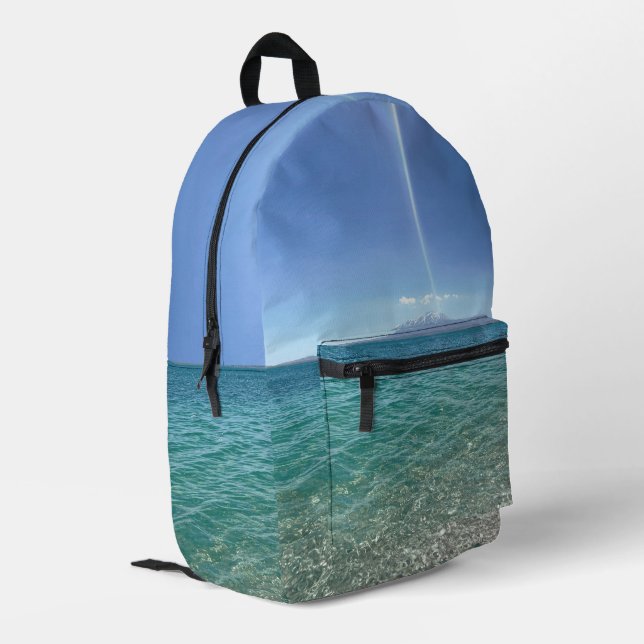 Crystal Water View Blue Sky Beach Vibe Friedlich Bedruckter Rucksack (Rückseitige Ecke links)
