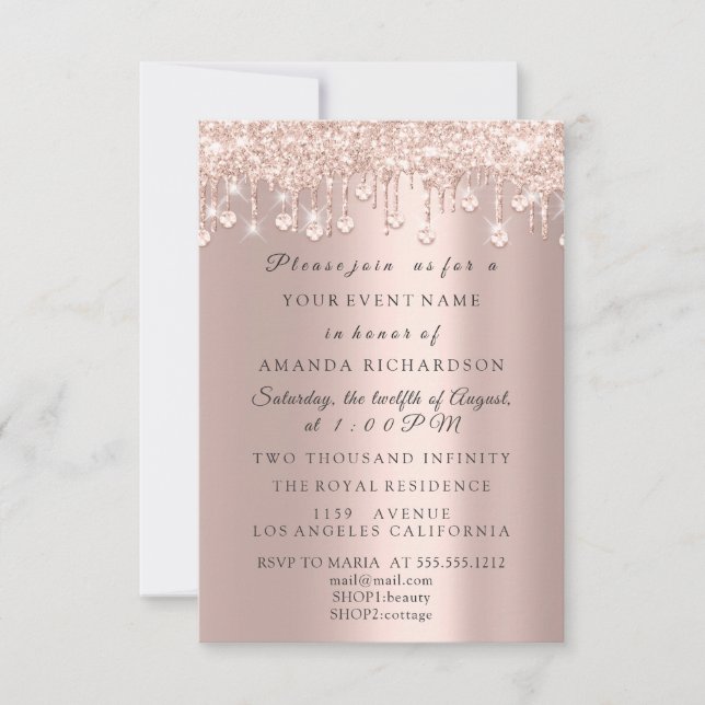 Crystals Glitzer Tropfen Rose Brautparty Geburtsta Einladung (Vorderseite)
