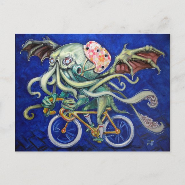 Cthulhu Reiten mit dem Fahrrad Postkarte (Vorderseite)